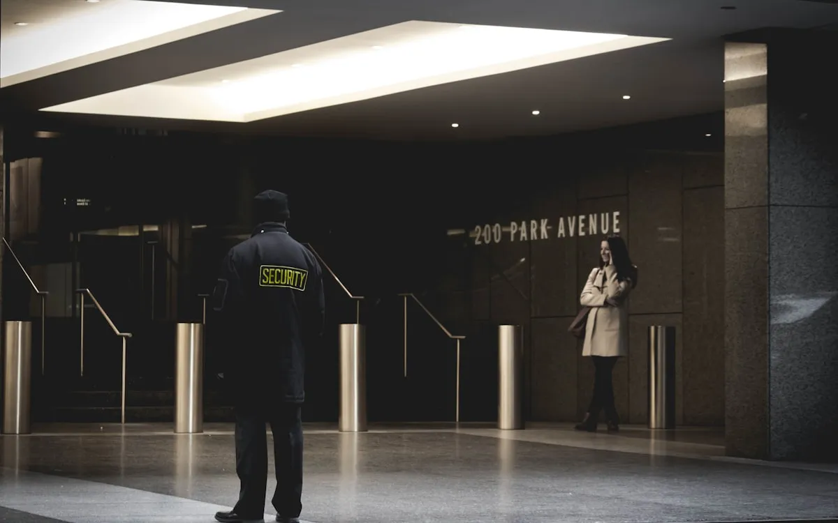 Uniformed security officer at a building access-control station